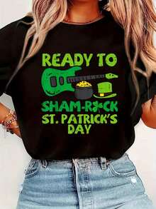 Happy St Patricks Day Ready To Sham Rock St Patricks Day Guitar Music Guitarist T-Shirt, Men Women'Round Neck Short Sleeve T-Shirt, Spring Summer Fashion Graphic Tees,  Women Tops - màu đen - Xem 1