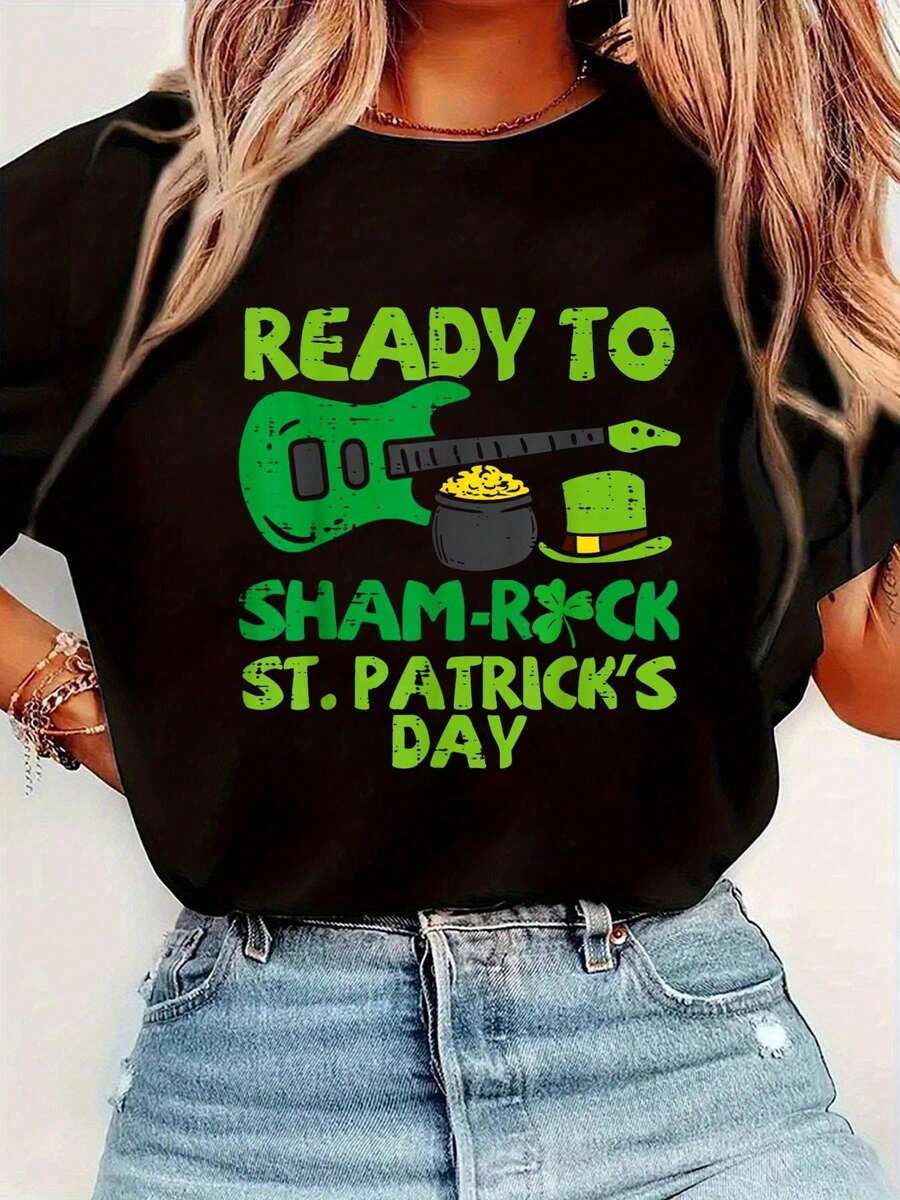 Happy St Patricks Day Ready To Sham Rock St Patricks Day Guitar Music Guitarist T-Shirt, Men Women'Round Neck Short Sleeve T-Shirt, Spring Summer Fashion Graphic Tees, Women Tops - màu đen - Xem 1