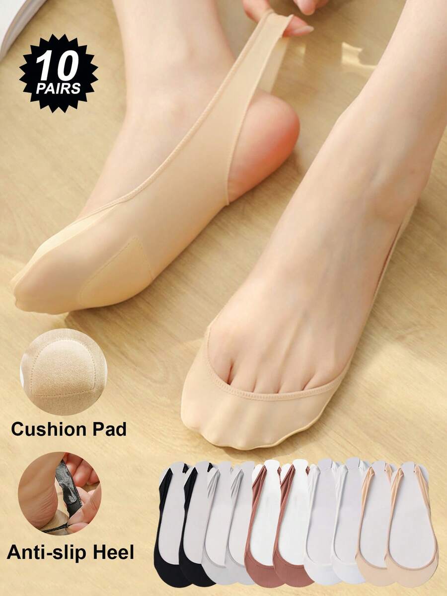 1/5/10 Pairs Pack Women's Soft Pad Sole Heel Strap No Show Socks, Low Cut Invisible Ankle Socks,With Non-Slip Gel At Heel, Suitable For Daily Use - Multicolor - View 1