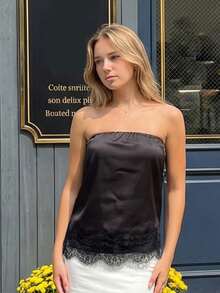 Women Tube Tops Summer Eyelash Lace Trim Backless Off-Shoulder Bandeau Backless Shirts for Streetwear - Negro - Ver 5