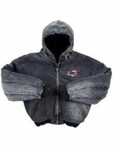 Y2K Men's Vintage Distressed Wash Zip Up Hooded Oversized Jacket For Autumn Winter - 黑色 - 查看 1