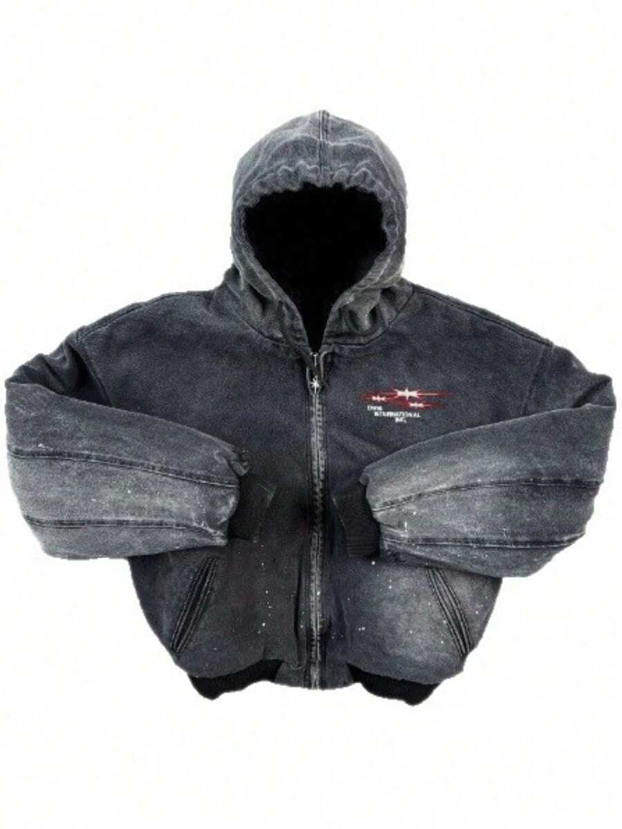 Y2K Men's Vintage Distressed Wash Zip Up Hooded Oversized Jacket For Autumn Winter - 黑色 - 查看 1