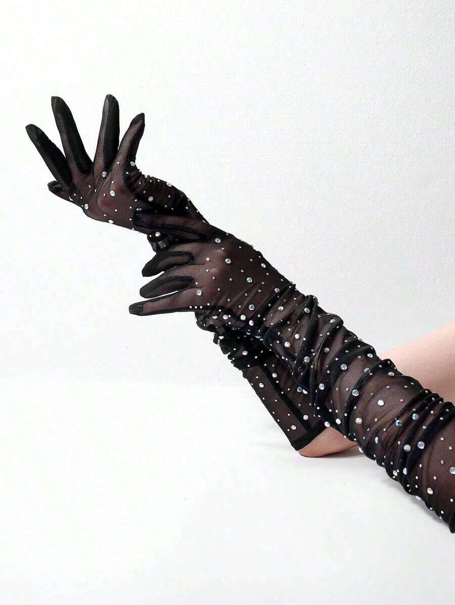 1 Pair Of Women's Fishnet Party Gloves With Artificial Rhinestones, Perfect For Parties, Festivals And Weddings Halloween Witchwedding 2U2Y - 黑色 - 查看 1