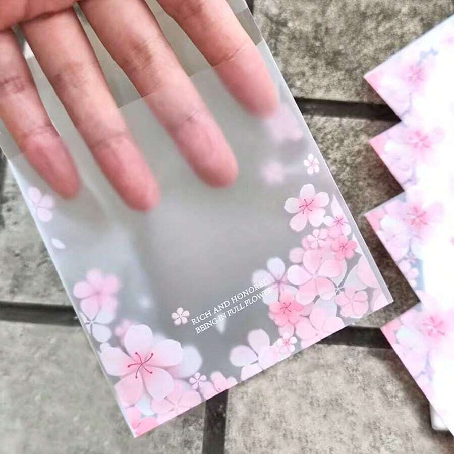 50/100/200个粉色花朵樱花图案自粘包装袋，适用于婚礼、生日和节日礼品包装