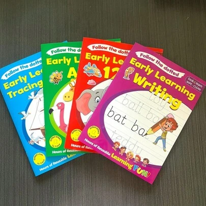 18 Seiten - A4 Wiederverwendbares Handschrift-Übungsheft für frühe Bildung, Buchstaben, Zahlen, Linien, Englisch Schreiben, 4 Bücher, geeignet für 3-6 Jahre alte Vorschüler, Fokus Training