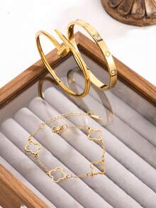 1pc/3pcs Stainless Steel Bangle, Mirror Polished, Vacuum Plated, Non-Fading, Fashion Classic Style, Suitable For Daily Wear, Jewelry Gold Accessories, Women Bracelet Decor, Women Stainless Steel Jewelry Bangle - Three Piece Set - View 1