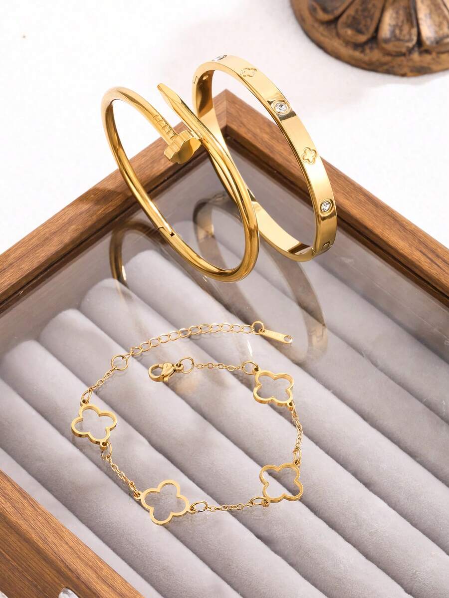 1pc/3pcs Stainless Steel Bangle, Mirror Polished, Vacuum Plated, Non-Fading, Fashion Classic Style, Suitable For Daily Wear, Jewelry Gold Accessories, Women Bracelet Decor, Women Stainless Steel Jewelry Bangle - Three Piece Set - View 1
