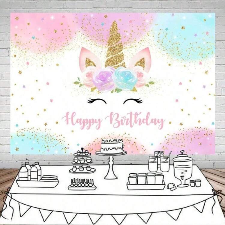 1件独角兽主题生日装饰背景，适合女孩派对，粉彩彩虹闪光星星波点生日快乐横幅，拍照道具，适合室内外使用，适用于家居装饰、派对、生日、周年纪念和影棚道具。 - 查看 5