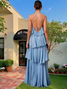 Women's Halter Long Dress With Layered Ruffles - Elegant Summer Fashion - 藍色 - 查看 1