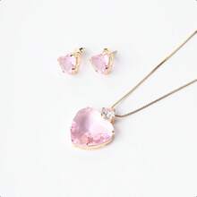 Luxury Gold Semi-Jewelry Kit With Earring, Chain And Heart Pendant In Stone And Round Zirconia – 18k Gold Plated - 淺粉色 - 查看 2