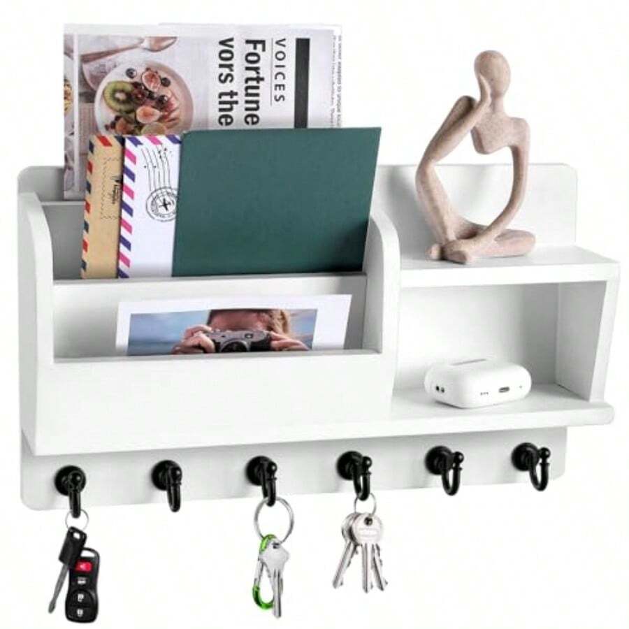 Key Holder Wall Mount Key And Mail Holder For Wall With 6 Key Hooks And Double Shelf Key Rack With 3-Tier Sortable Mail Slots Key Hanger For Wall For Entryway And Home Decor White Fvv - White - View 1