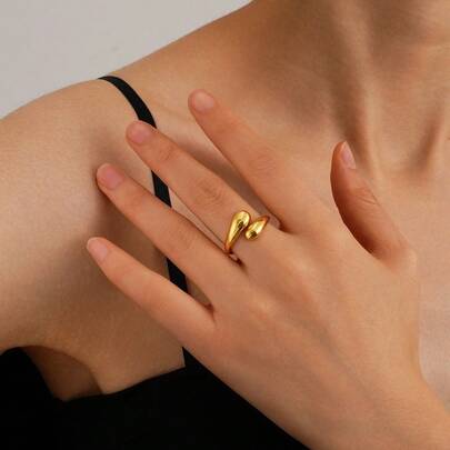 1 pieza Anillo abierto asimétrico en forma de gota de agua de acero inoxidable, anillo minimalista y elegante ajustable para mujeres