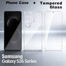 1 Set de Protector de Pantalla de Vidrio Templado TPU para Teléfono Galaxy S26 Series, que incluye 1 Protector de Pantalla de Vidrio Templado de Alta Definición + Funda de Teléfono Transparente de TPU Suave Absorción de Golpes Ultra Delgada para S26 Ultra/S26 Plus/S26 como Regalo de Primavera - Funda transparente + protector de pantalla de cristal templado - Ver 1