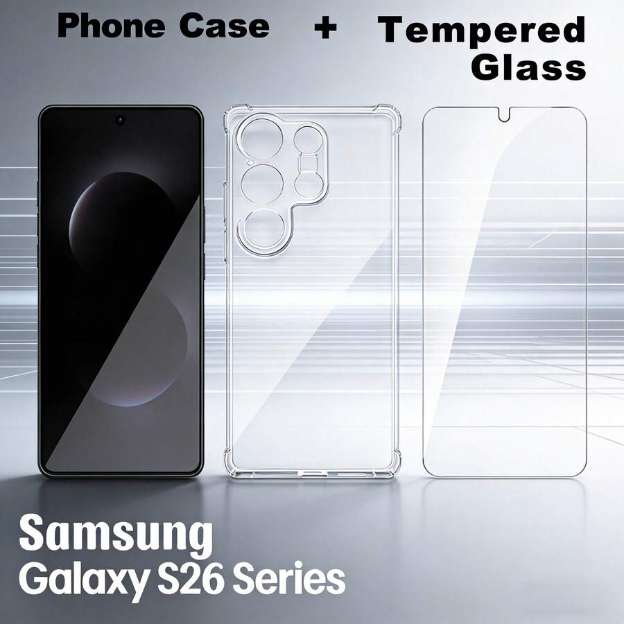 1 Set de Protector de Pantalla de Vidrio Templado TPU para Teléfono Galaxy S26 Series, que incluye 1 Protector de Pantalla de Vidrio Templado de Alta Definición + Funda de Teléfono Transparente de TPU Suave Absorción de Golpes Ultra Delgada para S26 Ultra/S26 Plus/S26 como Regalo de Primavera - Funda transparente + protector de pantalla de cristal templado - Ver 1