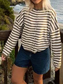 Vivid Style Autumn/Winter New Women's Fashion Street Style Loose Striped Knit Cardigan, Suitable For Street, Airport, Christmas, New Year - 棕色 - 查看 3