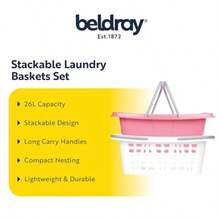 Stackable Laundry Baskets Set Of 2 Compact Nesting Design Space-Saving Long Carry Handles 26L Capacity Approx Size 57 X 41 X 21cm Organise Store And Sort Laundry Dqq - Pink White - View 5