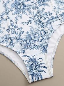 Women's Blue & White Tropical Toile Print One Piece Swimsuit, 2026 Summer Corset Style Bathing Suit With Adjustable Straps - Rửa nhẹ - Xem 4