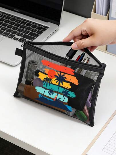 邮轮时光与海滩字母图案网眼化妆包，饰有椰子树和日落图案，内置气垫，便携易收纳，可用作化妆包、护肤包、旅行必备品、宿舍用品、婚礼新娘礼物、母亲节礼物、生日礼物、船员礼物、朋友和老师礼物。