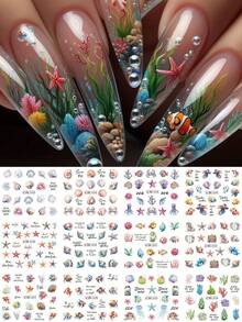 12款海洋生物水贴纸卡通夏季海鱼贝壳海藻美甲贴花可爱3D美甲转印水贴纸 - 彩色 - 查看 9