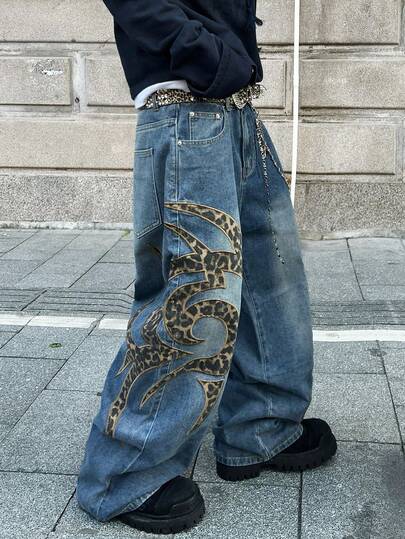 1 قطعة بنطال جينز كوري الطراز للاستخدام اليومي والتنقل على مدار السنة، متعدد الاستخدامات، بتصميم شخصي بطبعة نمر وتطريز، جينز أزرق فضفاض بساق واسعة (لا يشمل الحزام والاكسسوارات)