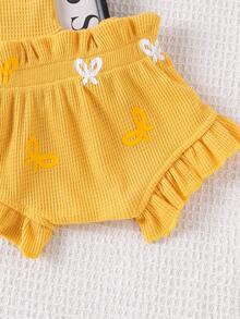2件組女嬰可愛刺繡吊帶連身褲與短褲套裝，薄款夏季 - 黃色 - 查看 6