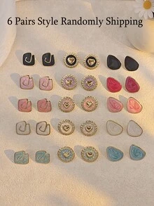 6 Paar vintage emaillierte Ohrringe, zufällige Mischung aus runden, quadratischen, tropfenförmigen, geometrischen Stilen in Schwarz, Grün, Pink, Weiß. Feine Emaille-Handwerkskunst mit kräftigen Farben, aus hypoallergenen Edelstahl gefertigt, mit vergoldeter Glanzoberfläche, minimalistisch und auffallend, strapazierfähig für den täglichen und Urlaubsgebrauch - Gold - Übersicht 12
