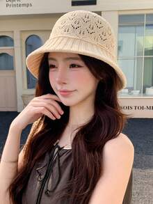 1pc Women Casual Knit Bucket Hat, Fashion Elegant Sunscreen Breathable Bucket Hat, Versatile For Daily Outdoor Use,Summer,Beach - Multicolor - View 5