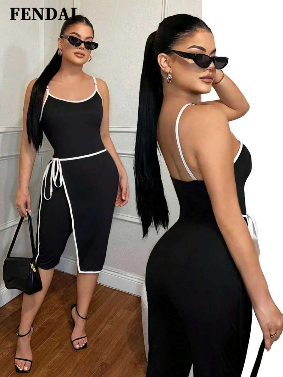 FENDAI Women's Minimalist Solid Color Jumpsuit, Spring/Summer Black Elegant