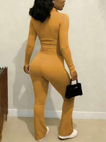 Autumn/Winter European And American Style Women's Fashion Zip-Up Cardigan, Fitted Top And Loose Wide-Leg Pants Set Spring - Mustard Yellow - View 2