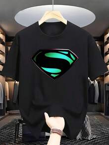 Warner Bros ¡Súper elegante! ¡Una deslumbrante camiseta con el logo de Superman marca ! Camiseta deportiva informal de cuello redondo para hombre, cómoda. - Negro - Ver 1