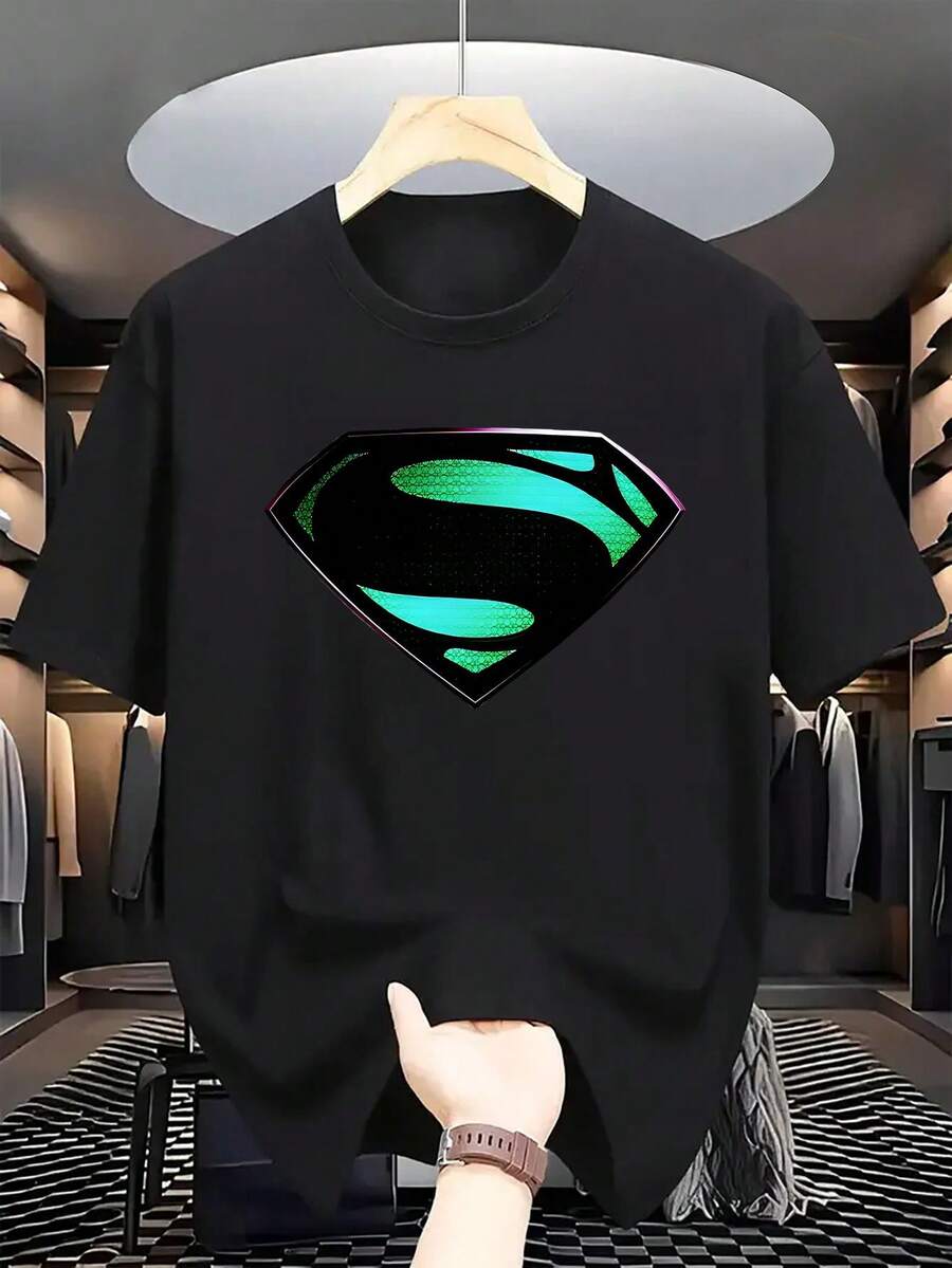 Warner Bros ¡Súper elegante! ¡Una deslumbrante camiseta con el logo de Superman marca ! Camiseta deportiva informal de cuello redondo para hombre, cómoda. - Negro - Ver 1