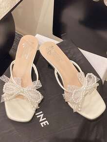 Tacones altos de punta fina con lazo de strass plateado, de tacón alto y delgado, de estilo slip-on - Beis - Ver 6