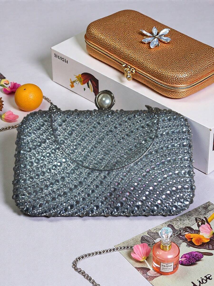 Handbags, Evening Bags, Bags With Rhinestones And Pearls, Removable Chain Shoulder Straps. - Silver - View 1