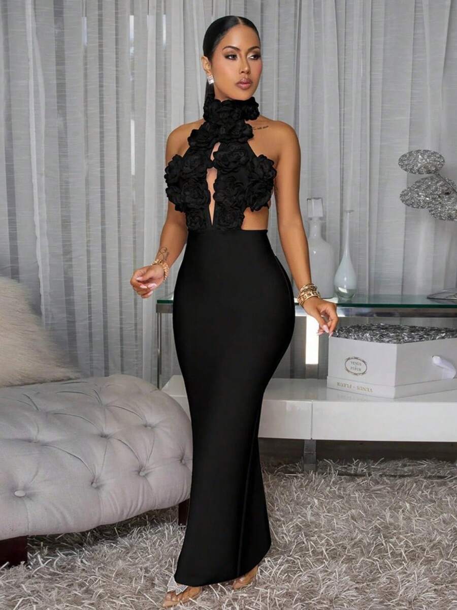Women's Dresses Are Fashionable And Elegant, Solid Colors, Sexy Halterneck, Large Flower Decorations, Fresh And Artistic Sense Hip-Hugging Evening Dresses - màu đen - Xem 1