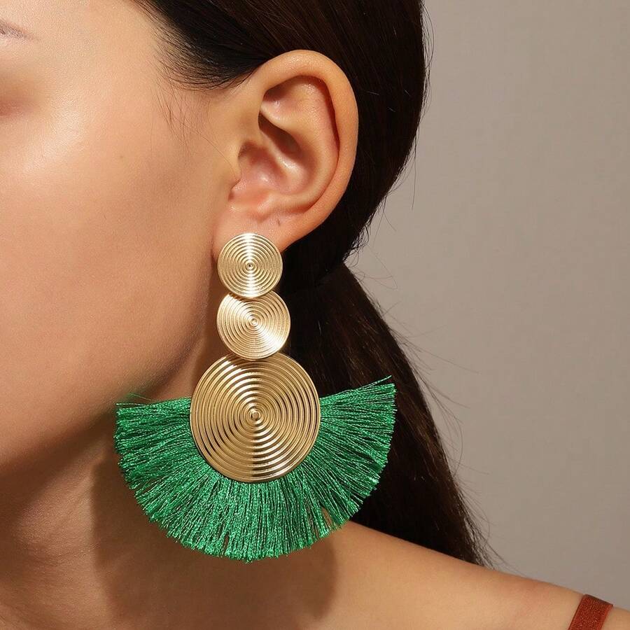 1Pair Women's Exaggerated Alloy Circle Tassel Earrings Bohemian Fan-Shaped Non-Pierced Ear Clips Lightweight Comfortable Fashion INS Style Temperament Jewelry For Daily Party Wedding Vacation Casual Wear Suitable For Ladies Girls Elegant Gift For Birthday Christmas New Year Holiday - 05 KC Vàng/Đỏ K-588 - Xem 1