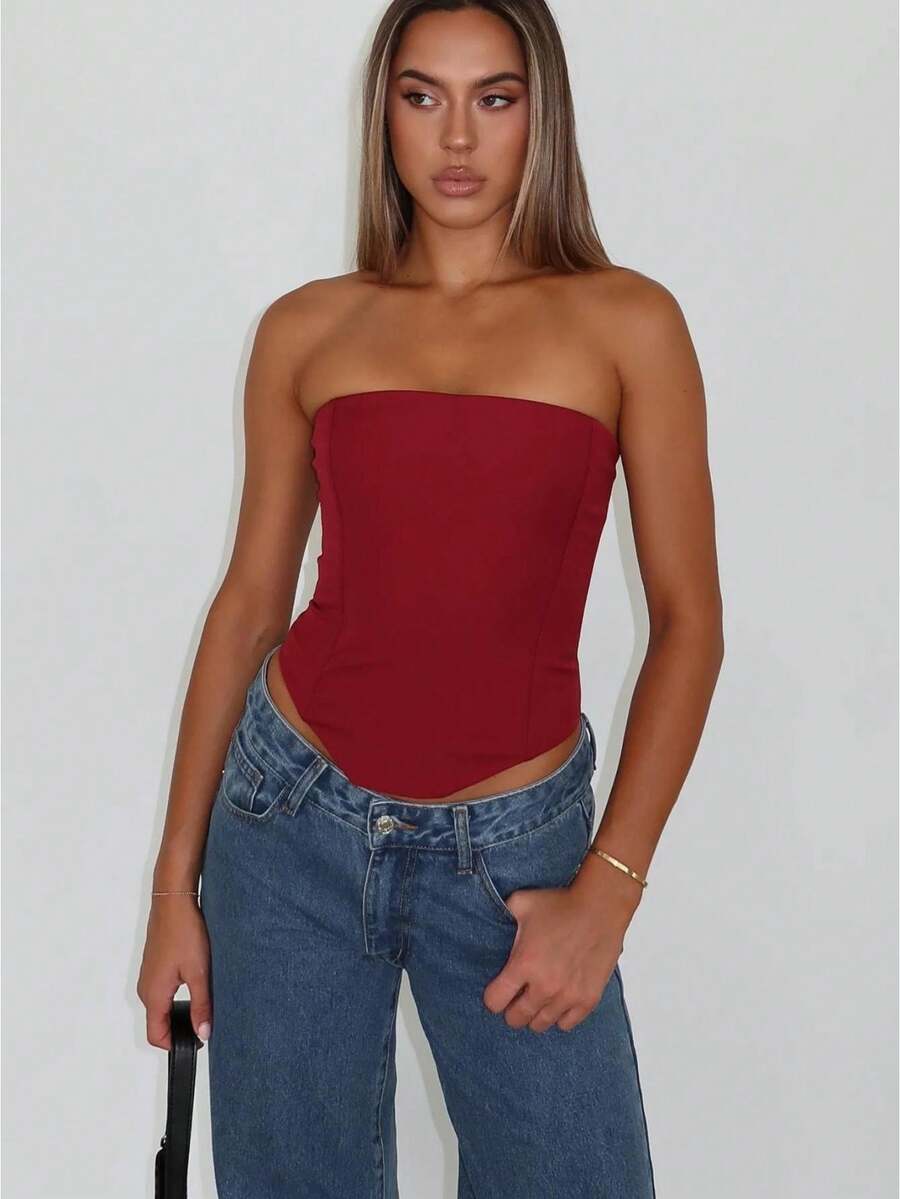 Women Summer Flowy Tube Top Y2k Solid Color Strapless Off The Shoulder Loose Fit Babydoll Bandeau Crop Tops Backless Sleeveless Going Out Tops Vests Shirts Casual Streetwear - 綁帶抹胸-紅色 - 查看 1