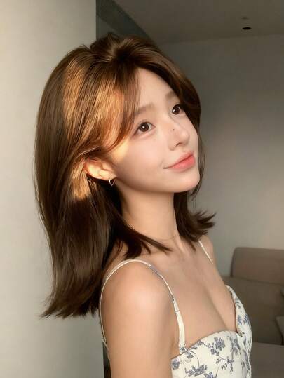 1 Piece Synthetic Heat-Resistant Short Wig, Cool Brown, Slightly Wavy Ends, Center-Parted Bangs, 14 Inches Long, Fiber Material, Suitable For Daily Wear, Natural And Realistic Look.