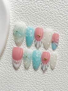 10Pcs Fresh Seaside Style Handmade Press On Nail,Polygel Nail Set,Flower,Water Ripples,White Seashell,Blue Nail Polish,Personality Style,Includes Nail Tools,3 Sizes Available,Almond,Duck,Coffin Nails For Party,Dance,Daily Wear. - 彩色 - 查看 17