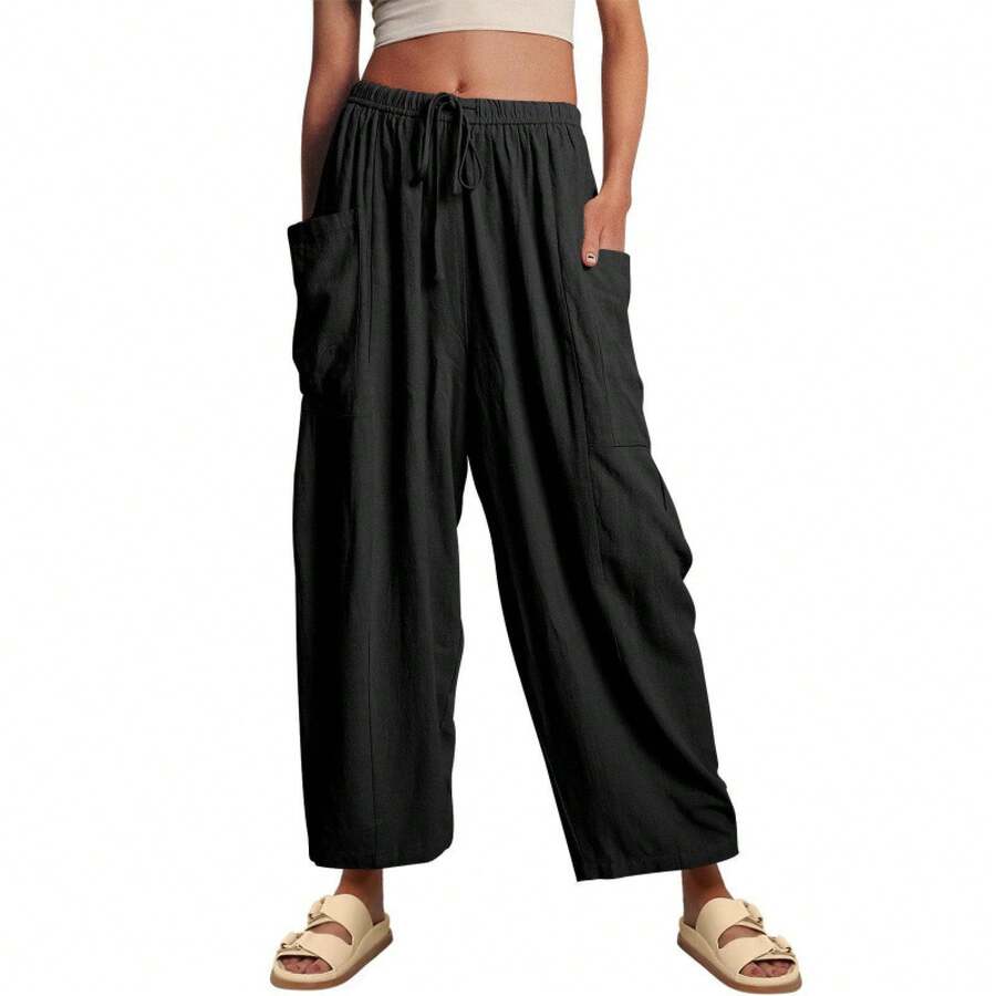 2026 Women's Elastic Waist Pleated High Waist Wide Leg Pants Loose Casual Cotton Linen Trousers Suitable For Going Out, Suitable For Mothers And Sisters To Give Gifts - 黑色 - 查看 1