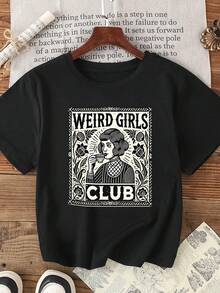 Áo thun tay ngắn dáng rộng in họa tiết vintage Strange Girls Club, thời trang xuân hè, màu đen. - màu đen - Xem 1