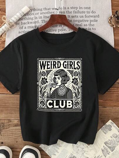 Plus Size Strange Girls Club Vintage Graphic Print Short Sleeve Casual T-Shirt, Spring/Summer Fashion Black