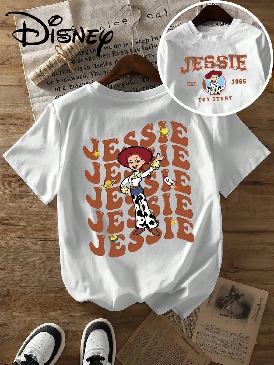 Disney T-Shirt Features A Repeated Pattern Of Jessie, A Character From Toy Story, Along With Her Name. This Is A New Summer Short-Sleeve T-Shirt From Disney, Designed For Women, Combining Casual Style With Elegant Prints - White - View 1