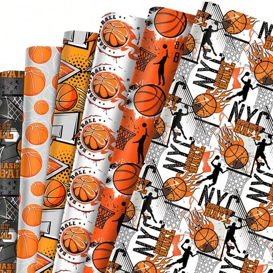 6/12pcs Basketball Themed Wrapping Paper, Each Size 50.8 X 71.1cm, Featuring 3-Point Shot And Dunk Patterns, Ideal For Basketball Fans' Birthdays And Holidays, Perfect Gift Choice - Multicolor - View 1