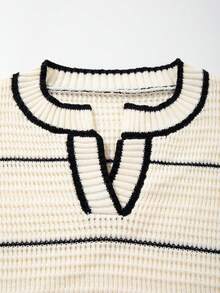 女士纹理线条图案宽松百搭通勤休闲高领长袖套头针织衫，秋冬款 - 杏色 - 查看 4