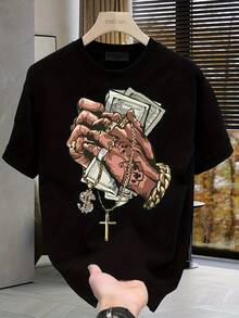Camiseta de de peso pesado para hombre, con diseño de manos en oración y joyas, corte holgado, adecuada tanto para uso formal como para el día a día en la ciudad, transpirable para el verano (lavable a máquina). - Negro - Ver 1