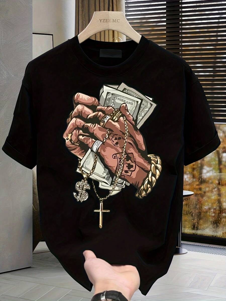 Camiseta de de peso pesado para hombre, con diseño de manos en oración y joyas, corte holgado, adecuada tanto para uso formal como para el día a día en la ciudad, transpirable para el verano (lavable a máquina). - Negro - Ver 1