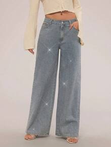 Elegant Wide-Leg Rhinestone Jeans, Ripped Jeans, School Style. - 牛仔褲 - 查看 3