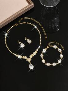 Rose Gold/Gold Jewelry Set, Zirconia Necklace & Earrings - 501796 Gold Set - HB - View 4