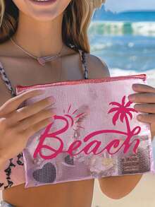 多色時尚沙灘包，印有「Beach」文字、棕櫚樹與太陽圖案。大容量透明化妝包，尼龍拉鍊，輕量，可收納防曬乳、比基尼與沙灘必需品。適合春夏，尼龍拉鍊盥洗包，輕量，可收納防曬乳、比基尼與沙灘用品。春夏收納，適合游泳、沙灘、潛水與夏季度假，學生返校，輕量防曬乳收納包，適合朋友、家人、好朋友、同學。完美禮物 - 彩色 - 查看 6