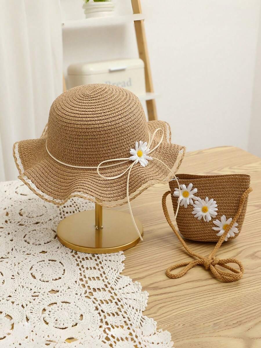 Mũ rơm cho trẻ em/bé gái, mũ đi biển thoáng khí chống nắng, trang phục ngoài trời mùa xuân/hè. - 2 cái - Xem 1